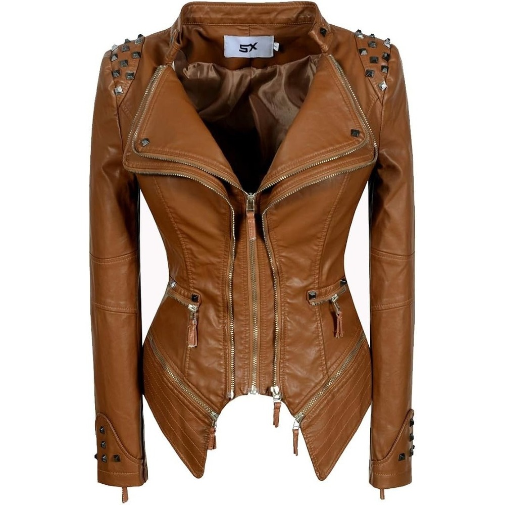 SX Studded Faux Leather Biker Jacket Brown Womens Small Perfectly Shaping